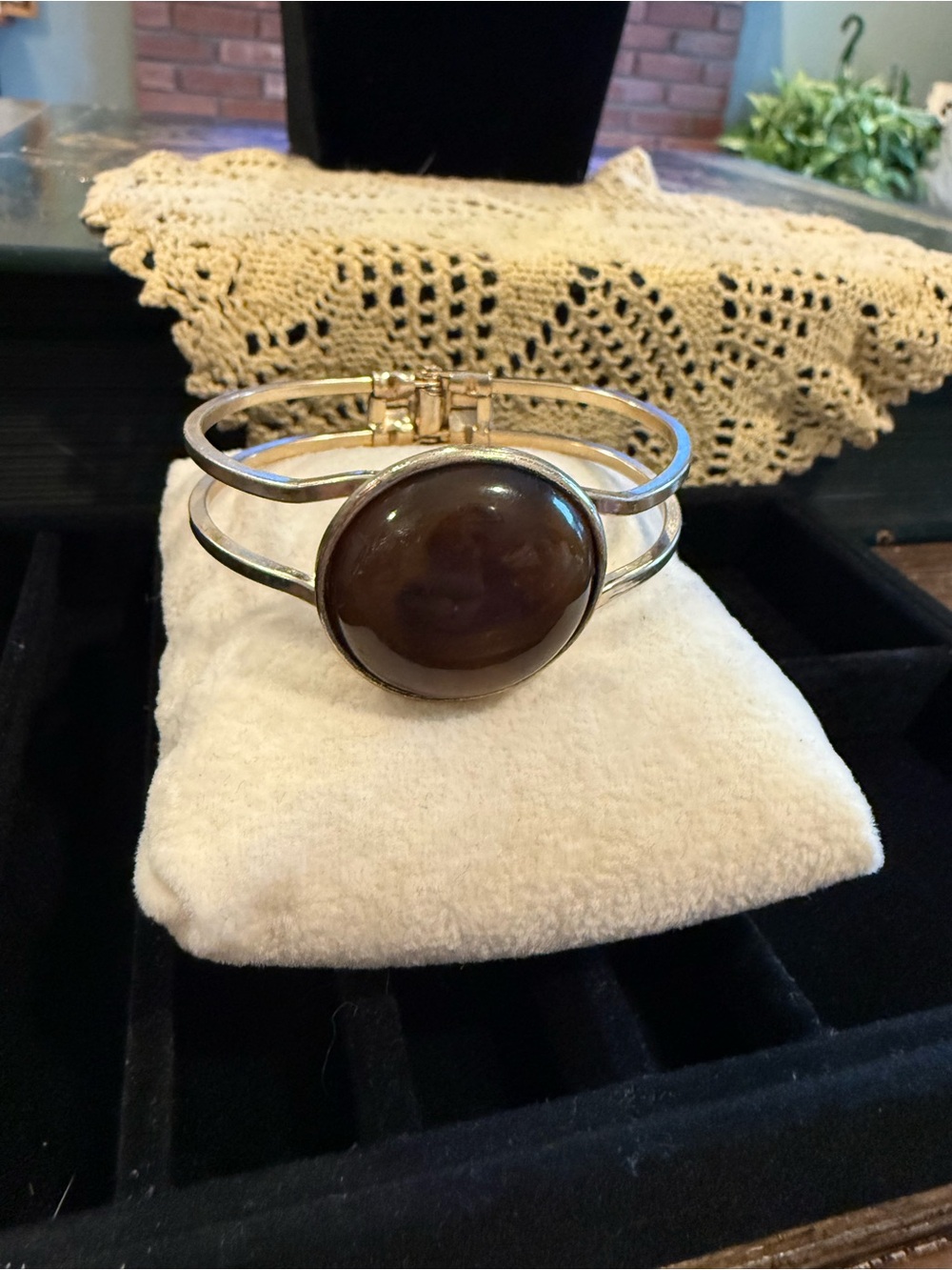 Gold Tone Cuff Bracelet with Brown Cabochon Center